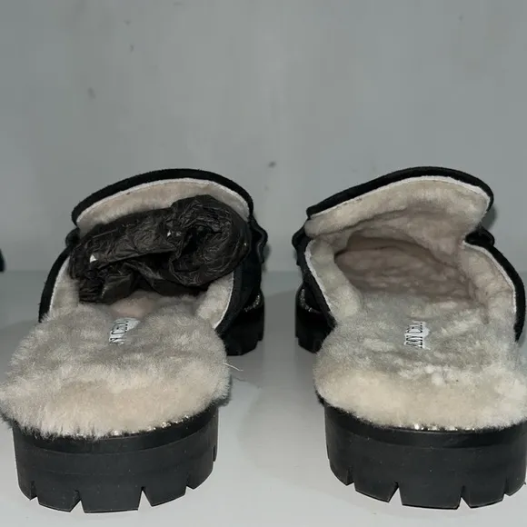 JIMMY CHOO Suede Shearling Ronnie Flat Mules 37 Slip-On Loafers with Fur Lining