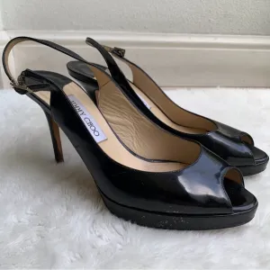 Jimmy Choo Women's Black Patent Leather Slingback Heels Size 39.5