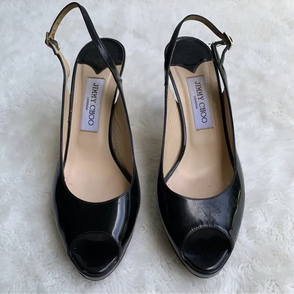 Jimmy Choo Women's Black Patent Leather Slingback Heels Size 39.5