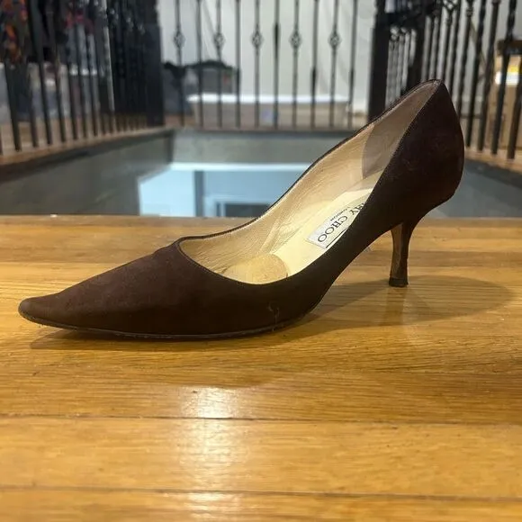Jimmy Choo Suede Leather Romy 60MM Chocolate Brown Kitten Heel Pointed Toe Pumps