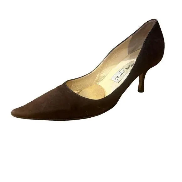 Jimmy Choo Suede Leather Romy 60MM Chocolate Brown Kitten Heel Pointed Toe Pumps