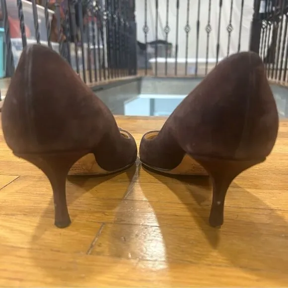 Jimmy Choo Suede Leather Romy 60MM Chocolate Brown Kitten Heel Pointed Toe Pumps