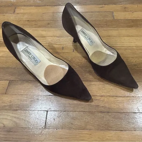 Jimmy Choo Suede Leather Romy 60MM Chocolate Brown Kitten Heel Pointed Toe Pumps