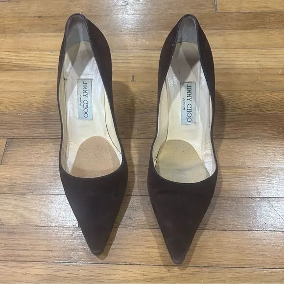 Jimmy Choo Suede Leather Romy 60MM Chocolate Brown Kitten Heel Pointed Toe Pumps