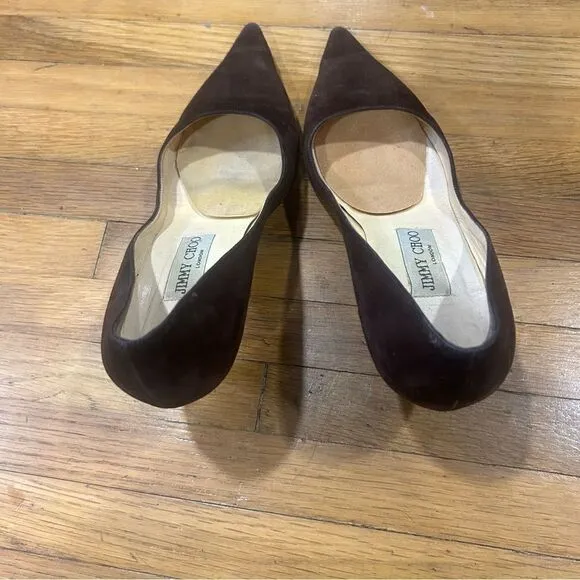 Jimmy Choo Suede Leather Romy 60MM Chocolate Brown Kitten Heel Pointed Toe Pumps