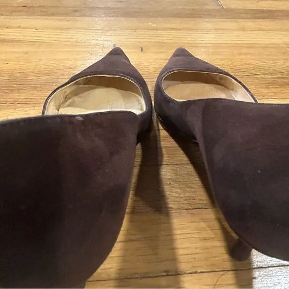 Jimmy Choo Suede Leather Romy 60MM Chocolate Brown Kitten Heel Pointed Toe Pumps