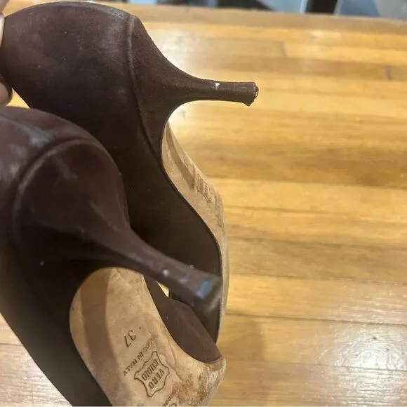 Jimmy Choo Suede Leather Romy 60MM Chocolate Brown Kitten Heel Pointed Toe Pumps