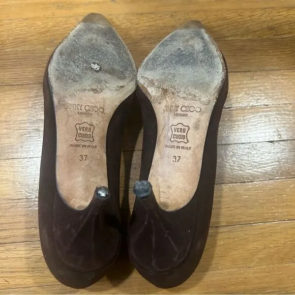 Jimmy Choo Suede Leather Romy 60MM Chocolate Brown Kitten Heel Pointed Toe Pumps