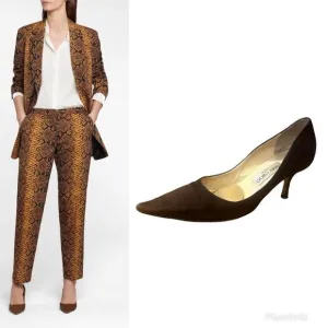 Jimmy Choo Suede Leather Romy 60MM Chocolate Brown Kitten Heel Pointed Toe Pumps