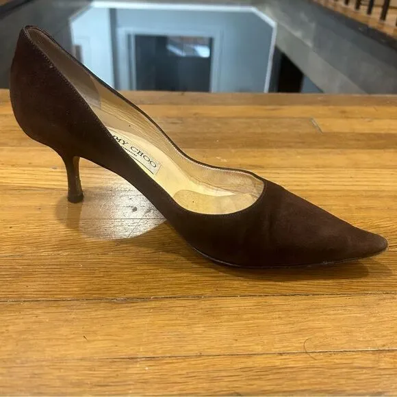 Jimmy Choo Suede Leather Romy 60MM Chocolate Brown Kitten Heel Pointed Toe Pumps