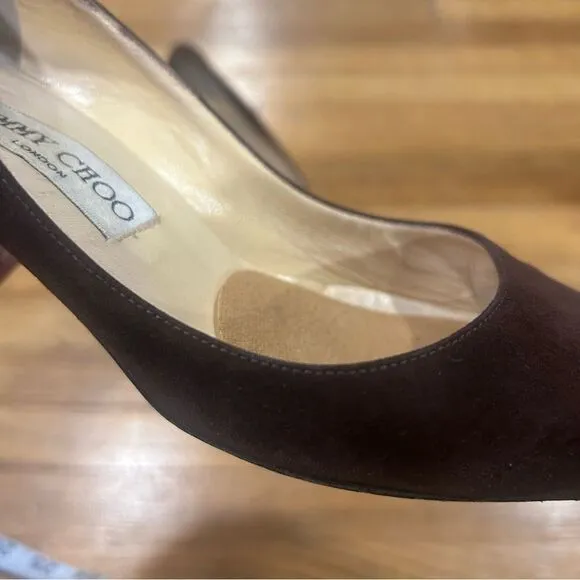 Jimmy Choo Suede Leather Romy 60MM Chocolate Brown Kitten Heel Pointed Toe Pumps