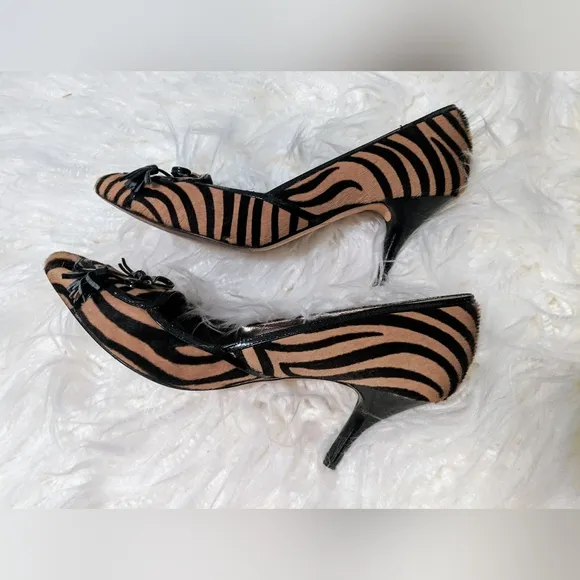 Joan &amp; David Leather, Horse Hair Tiger Striped Pointy Toe Kitten Heels sz 7.5