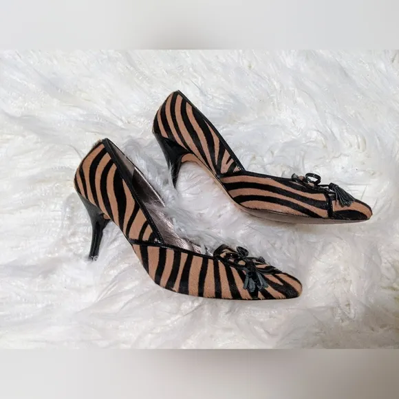 Joan &amp; David Leather, Horse Hair Tiger Striped Pointy Toe Kitten Heels sz 7.5