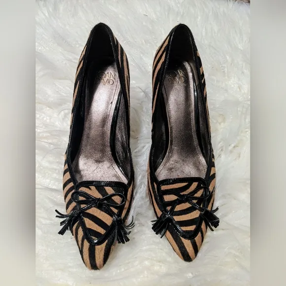 Joan &amp; David Leather, Horse Hair Tiger Striped Pointy Toe Kitten Heels sz 7.5