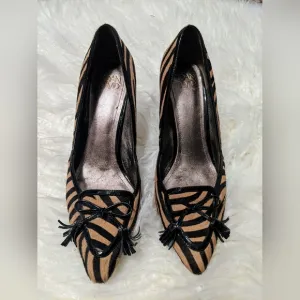 Joan &amp; David Leather, Horse Hair Tiger Striped Pointy Toe Kitten Heels sz 7.5