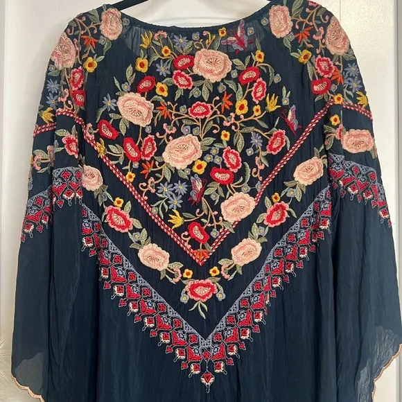 Johnny Was Maryam Embroidered Blue Birds &amp; Butterfly Tunic Dress. Small.