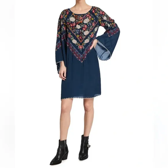 Johnny Was Maryam Embroidered Blue Birds &amp; Butterfly Tunic Dress. Small.