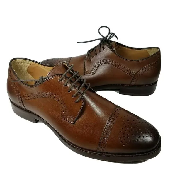 Johnston &amp; Murphy Mens shoes oxfords Halford brown leather Cap-Toe sz 8 new