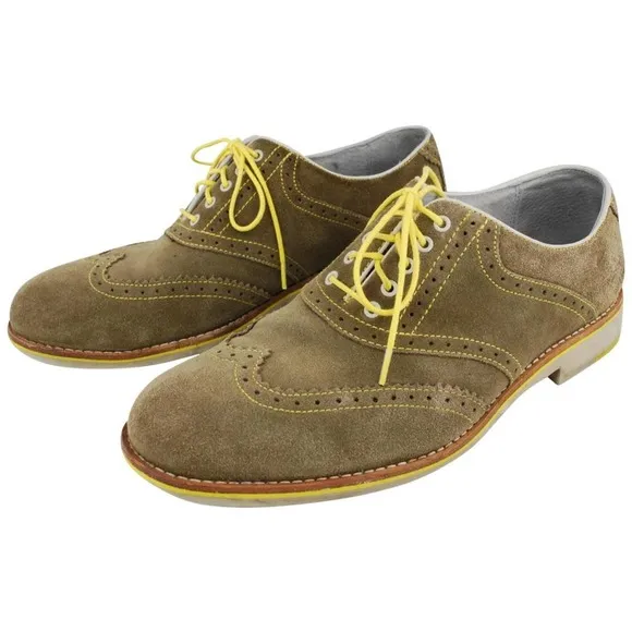 Johnston &amp; Murphy Men's Taupe Suede Sheepskin Brogue Wingtip Oxfords
