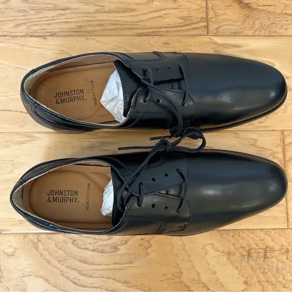 Johnston &amp; Murphy NIB 10 Black Lewis Lace Up Oxfords Leather Shoe Plain Toe