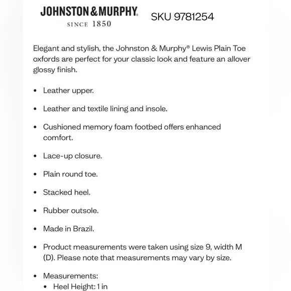 Johnston &amp; Murphy NIB 10 Black Lewis Lace Up Oxfords Leather Shoe Plain Toe