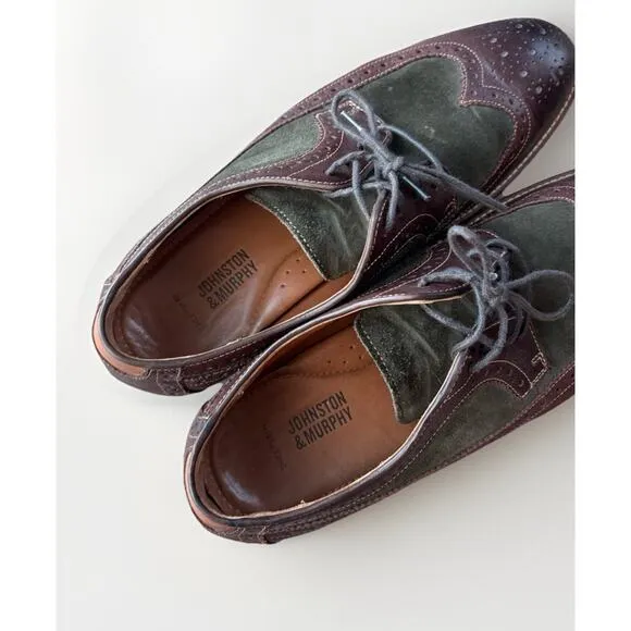 Johnston &amp; Murphy Warner Wingtip Oxfords Size 9.5 Leather Suede Two Tone Shoes