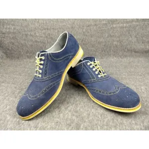 Johnston &amp; Murphy Wingtip Oxford Suede Shoes Blue 12M Sheepskin Flex Yellow Trim