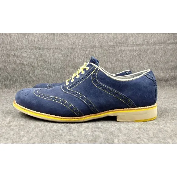 Johnston &amp; Murphy Wingtip Oxford Suede Shoes Blue 12M Sheepskin Flex Yellow Trim