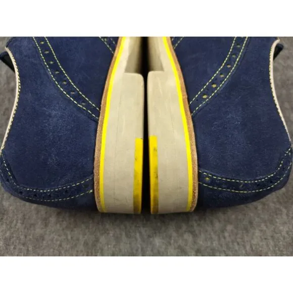 Johnston &amp; Murphy Wingtip Oxford Suede Shoes Blue 12M Sheepskin Flex Yellow Trim