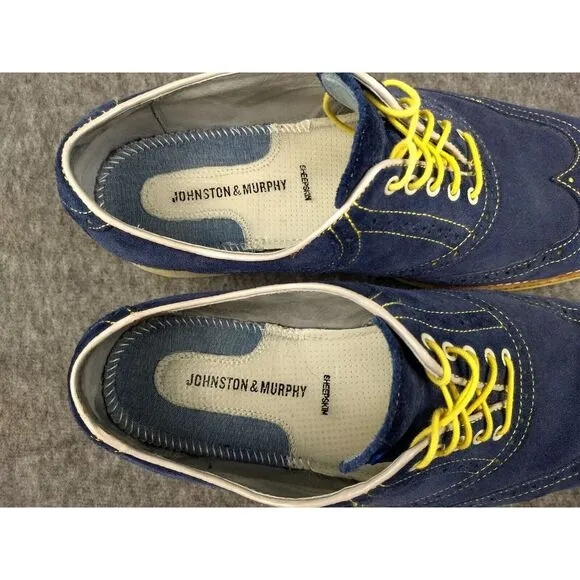 Johnston &amp; Murphy Wingtip Oxford Suede Shoes Blue 12M Sheepskin Flex Yellow Trim