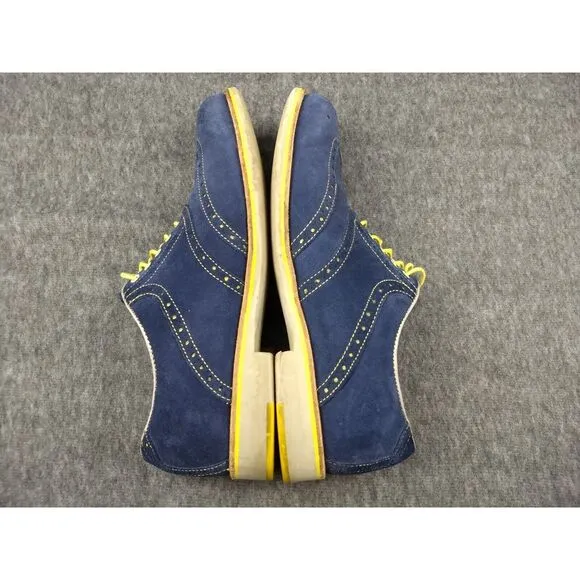 Johnston &amp; Murphy Wingtip Oxford Suede Shoes Blue 12M Sheepskin Flex Yellow Trim