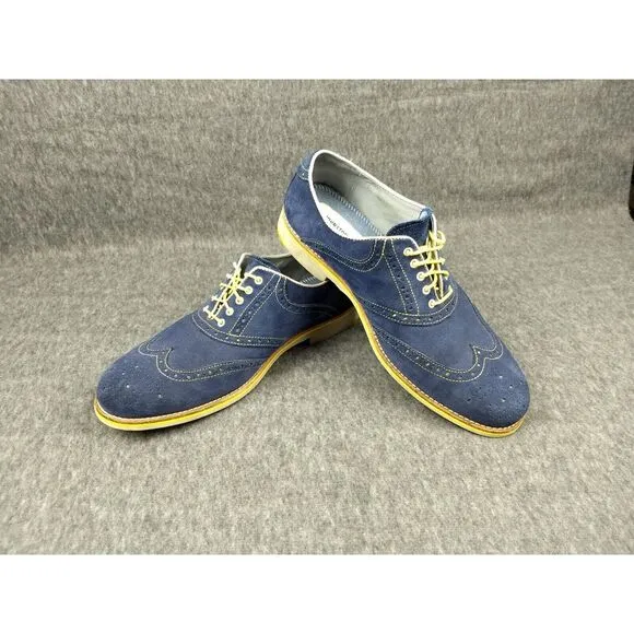 Johnston &amp; Murphy Wingtip Oxford Suede Shoes Blue 12M Sheepskin Flex Yellow Trim