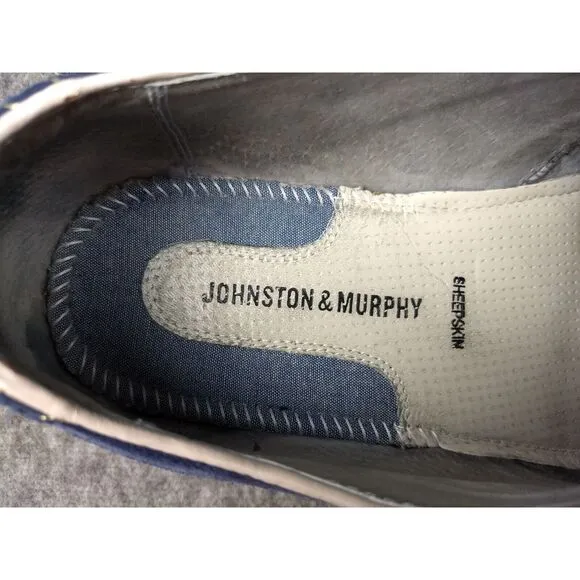 Johnston &amp; Murphy Wingtip Oxford Suede Shoes Blue 12M Sheepskin Flex Yellow Trim