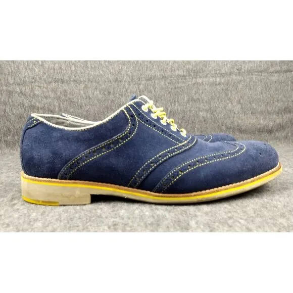 Johnston &amp; Murphy Wingtip Oxford Suede Shoes Blue 12M Sheepskin Flex Yellow Trim
