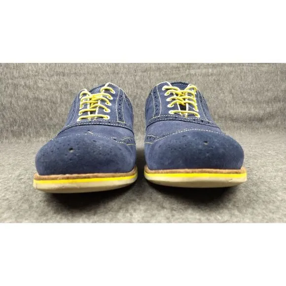 Johnston &amp; Murphy Wingtip Oxford Suede Shoes Blue 12M Sheepskin Flex Yellow Trim