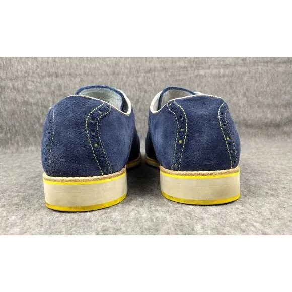 Johnston &amp; Murphy Wingtip Oxford Suede Shoes Blue 12M Sheepskin Flex Yellow Trim