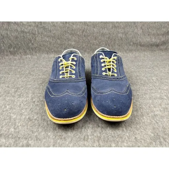 Johnston &amp; Murphy Wingtip Oxford Suede Shoes Blue 12M Sheepskin Flex Yellow Trim