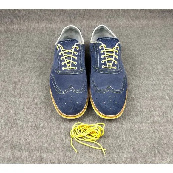 Johnston &amp; Murphy Wingtip Oxford Suede Shoes Blue 12M Sheepskin Flex Yellow Trim