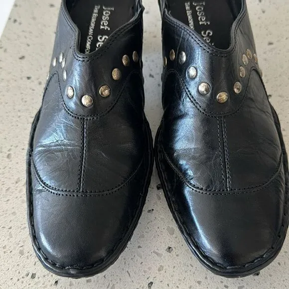 Josef Seibel Women’s Black Leather Western Studs Heels Slip On Mule Clog Size 36