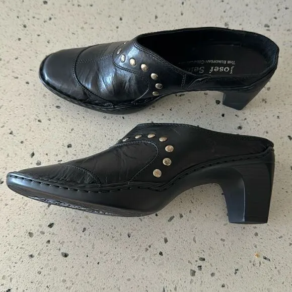 Josef Seibel Women’s Black Leather Western Studs Heels Slip On Mule Clog Size 36