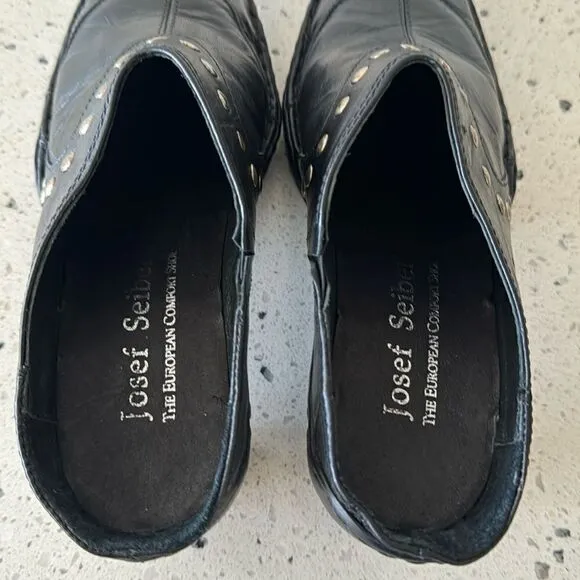 Josef Seibel Women’s Black Leather Western Studs Heels Slip On Mule Clog Size 36