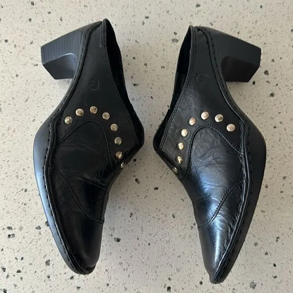 Josef Seibel Women’s Black Leather Western Studs Heels Slip On Mule Clog Size 36