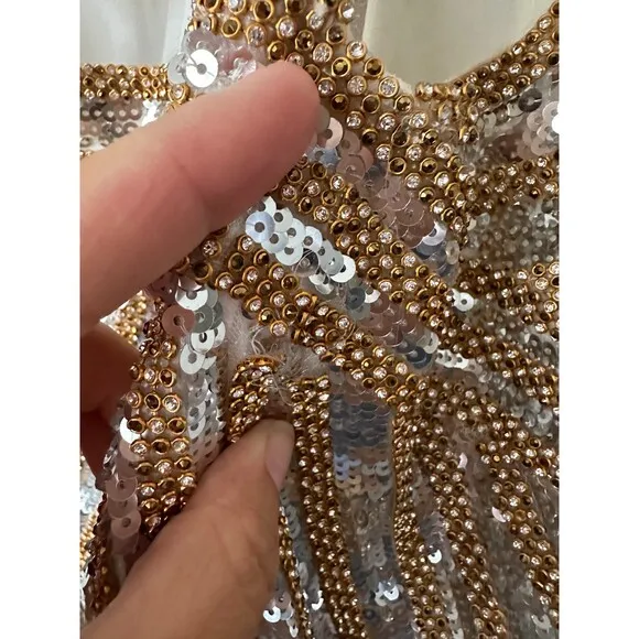 JOVANNI NWT Gold Silver Beaded Embellished Sequin Mermaid Fit Dress Size 6