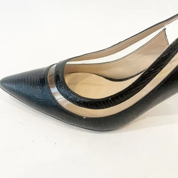 J.Renee Gwenda Slingback Heels Black Snakeskin Clear Panels Size 6
