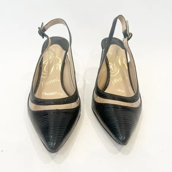 J.Renee Gwenda Slingback Heels Black Snakeskin Clear Panels Size 6