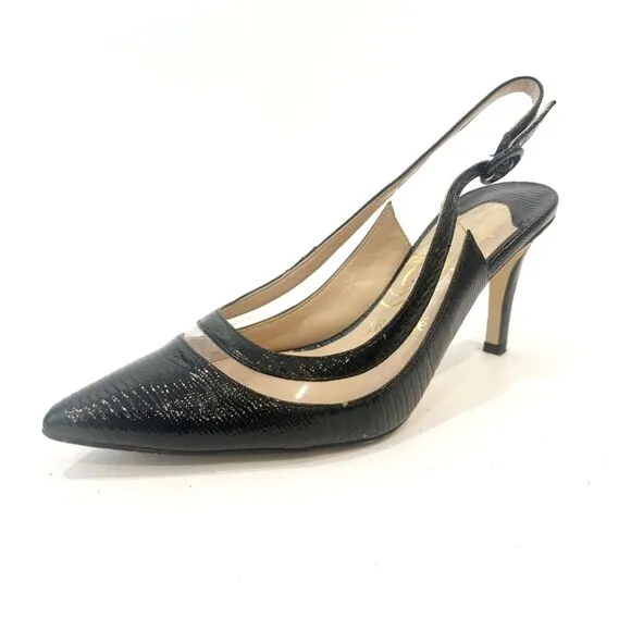 J.Renee Gwenda Slingback Heels Black Snakeskin Clear Panels Size 6