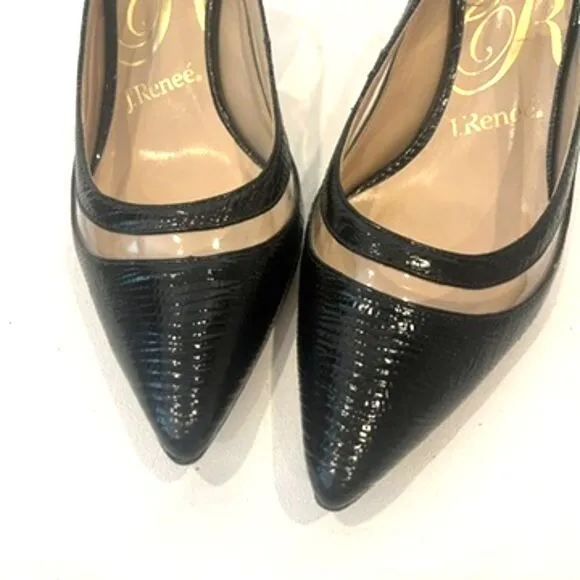 J.Renee Gwenda Slingback Heels Black Snakeskin Clear Panels Size 6