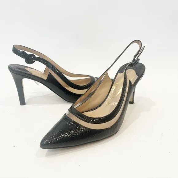 J.Renee Gwenda Slingback Heels Black Snakeskin Clear Panels Size 6