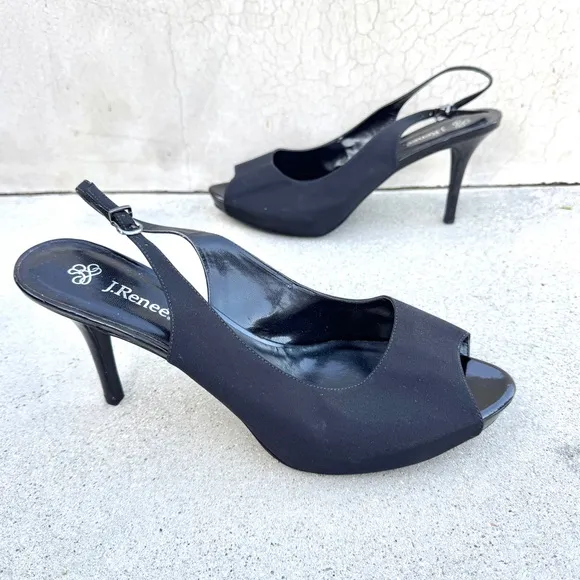 J.RENEE saturna black Slingback heels platform peep toe pumps sateen stilettos