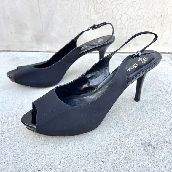 J.RENEE saturna black Slingback heels platform peep toe pumps sateen stilettos